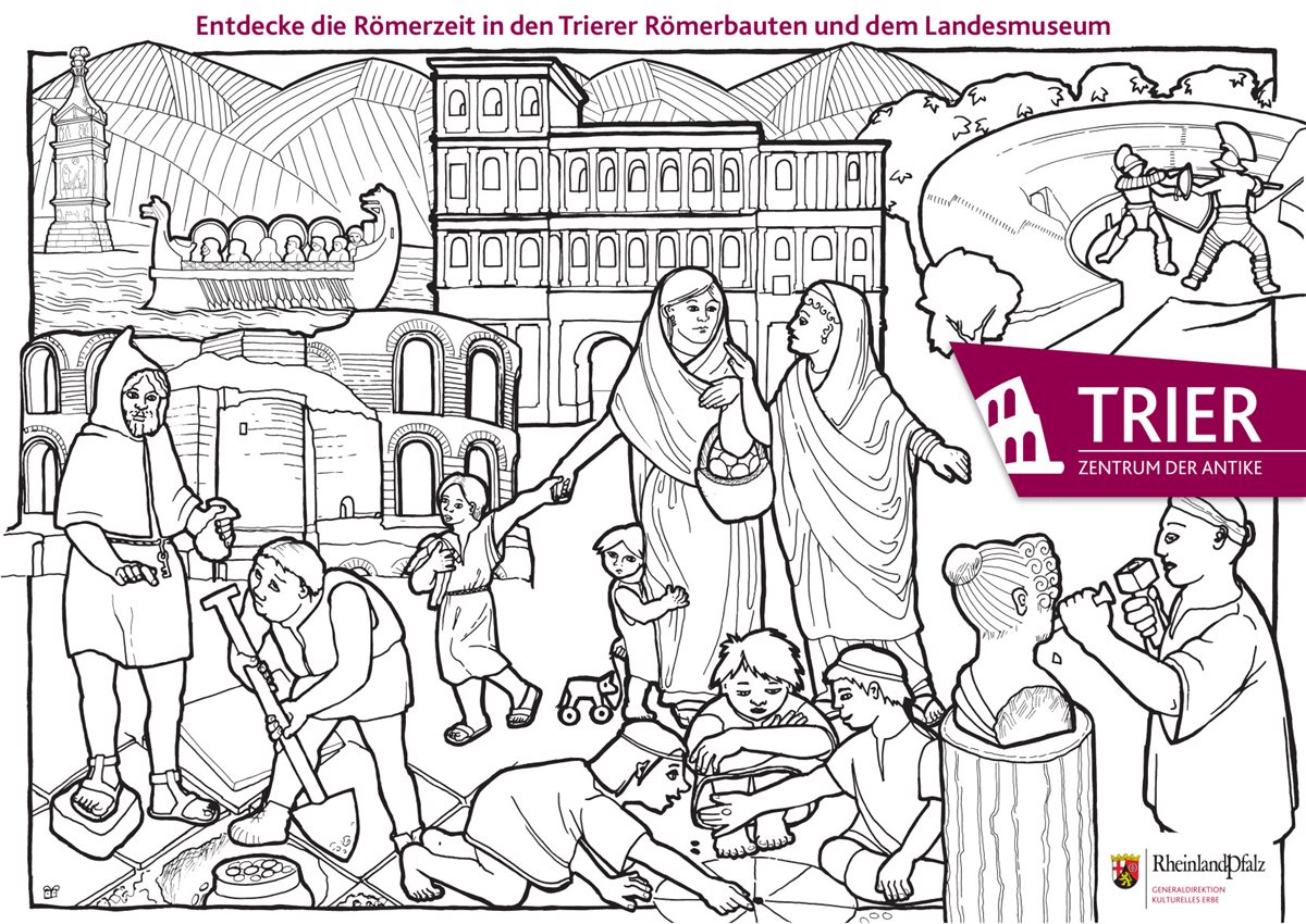 Ausmalbild „Leben in der römischen Stadt Trier“ für die Rubrik „Kids & Co.“