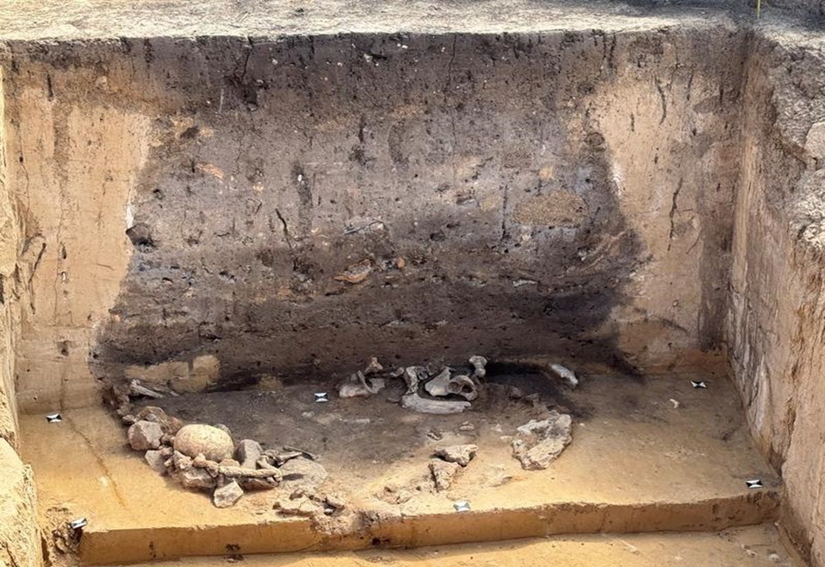 Grabungsfoto der Opfergrube im Profil dunkel verfärbt. Opfergrube im Planum mit Knochen und Brandlehm