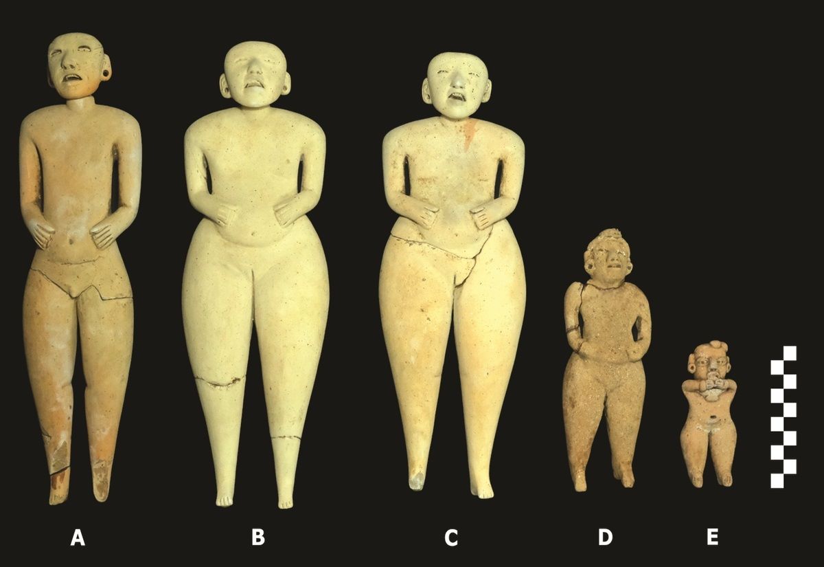 Fünf Figurinen aus der Lagerstätte San Isidro. Maßstab in Zentimetern