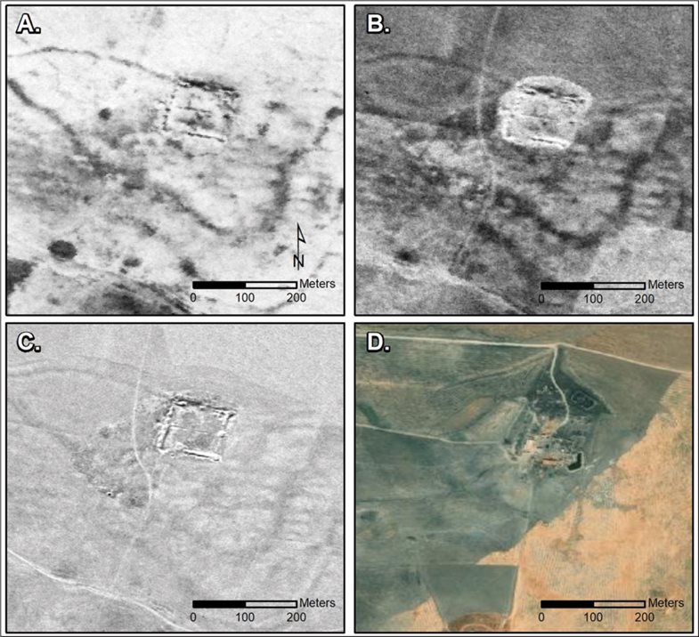 Castellum bei Tell Brak: A) CORONA (1967); B) CORONA (1968); C) HEXAGON (1974); und D) moderne Satellitenaufnahmen (© ESRI und Maxar Technologies)
