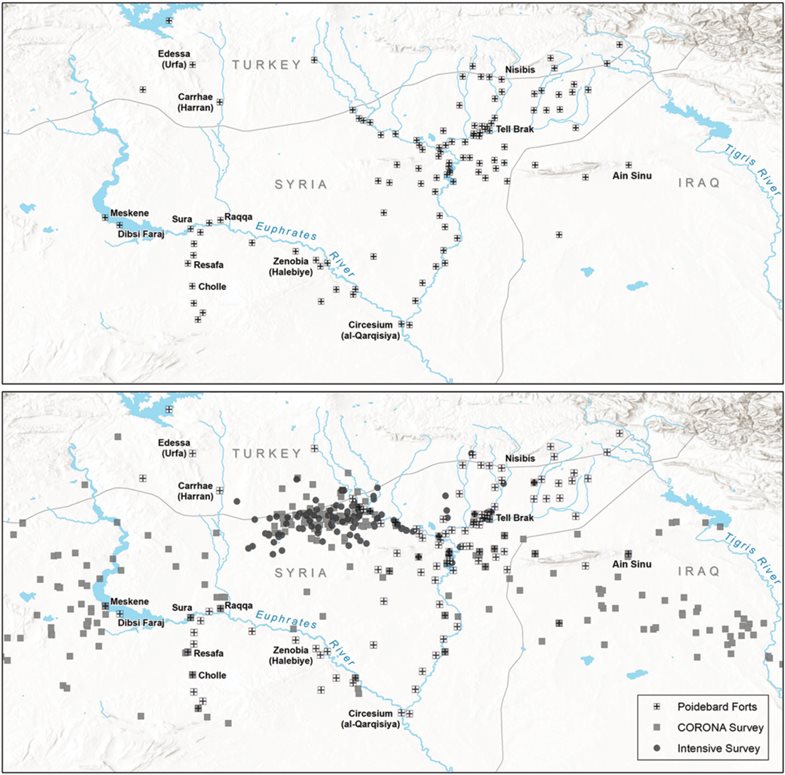 Verteilungskarten der von Poidebard (oben) dokumentierten römischen Forts im Vergleich zur Verteilung der auf Satellitenaufnahmen gefundenen Forts (unten)