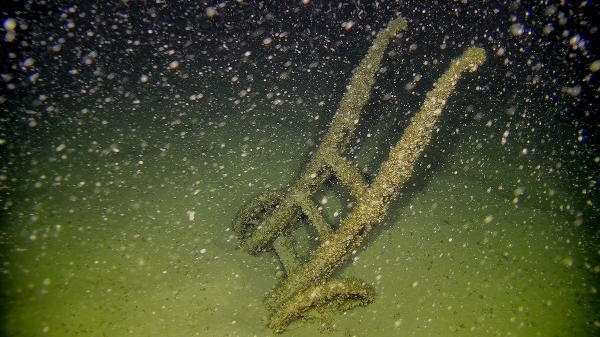 Unterwasseraufnahme einer mit Sediment bedeckten Lastenkarre am Grund des Bodensees