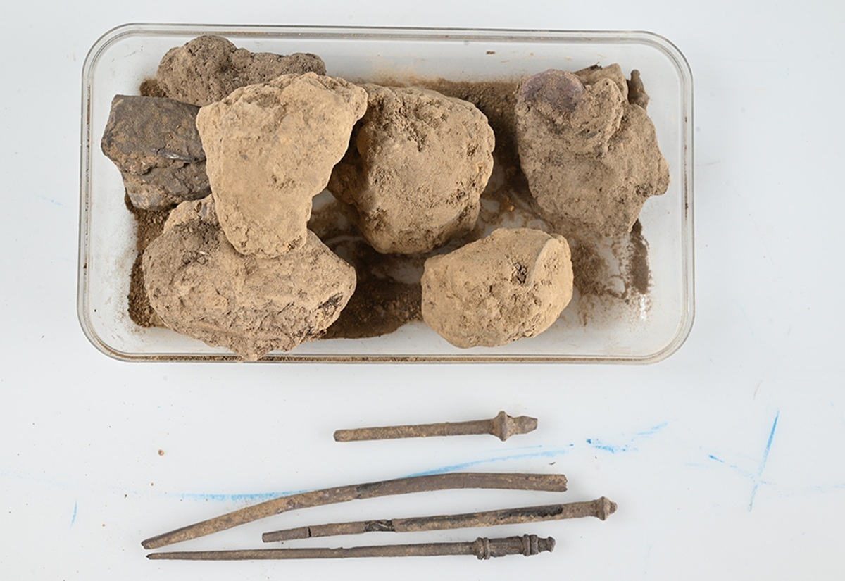 Behälter mit unregelmäßig geformten, erdigen Steinen und darunter vier dünne, längliche Metallobjekte mit Verzierungen.