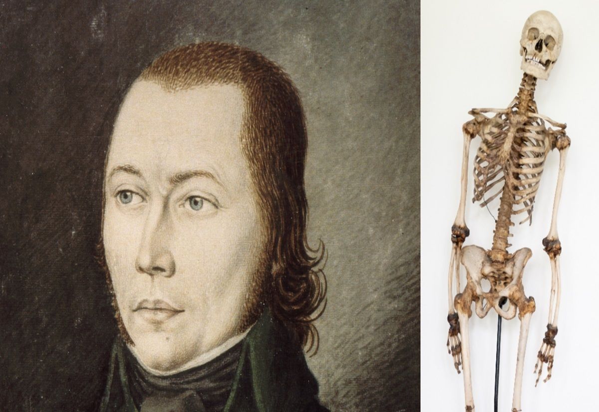 Links: Porträt des "Schinderhannes" von Karl Matthias Ernst 1803. Rechts: Genetische Analysen ermöglichten nun auch die Bestimmung seiner tatsächlichen Augen-, Haar- und Hautfarbe – sowie die eindeutige Identifizierung seines Skeletts.