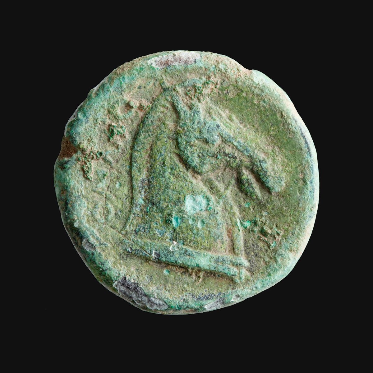 Bronzemünze aus dem 3. Jh. v. Chr. – Rückseite mit Pferdekopf