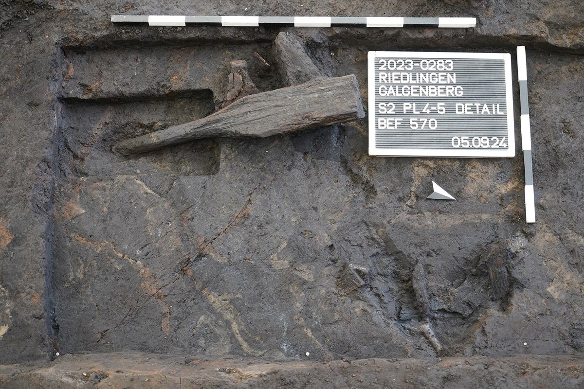 Auf das Jahr 585 v. Chr. datierter Holzgegenstand, den die Erbauer nach Fertigstellung außerhalb der Grabkammer zurückgelassen haben