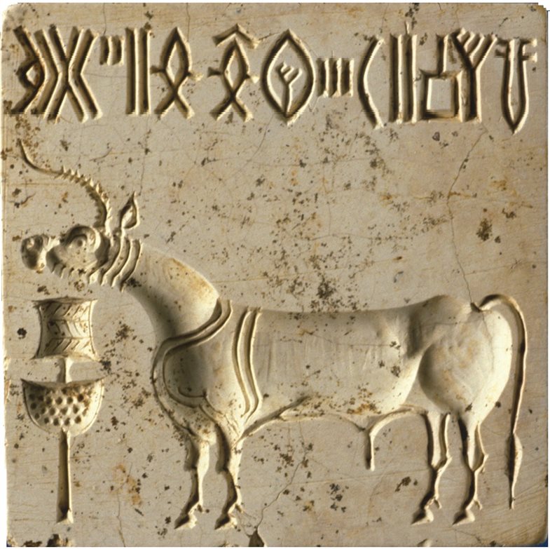 Eines der sog. Einhorn-Siegel aus Harappa mit einer der längeren Inschriften der Indus-Kultur.