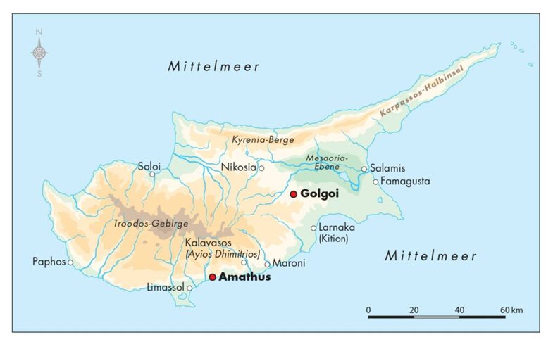 Zypernkarte mit den wichtigsten Fundorten eteokyprischer Texte (Amathus und Golgoi).