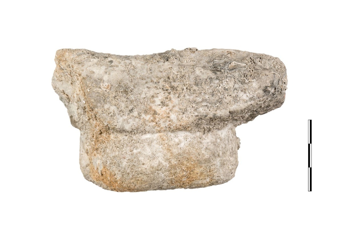Ein stark verwittertes, hellgraues Marmorelement mit unregelmäßiger, abgerundeter Form liegt vor weißem Hintergrund. Die Oberfläche zeigt zahlreiche kleine Vertiefungen und Verfärbungen. Rechts neben dem Objekt befindet sich eine vertikale Maßstabsleiste mit mehreren schwarzen und weißen Segmenten.