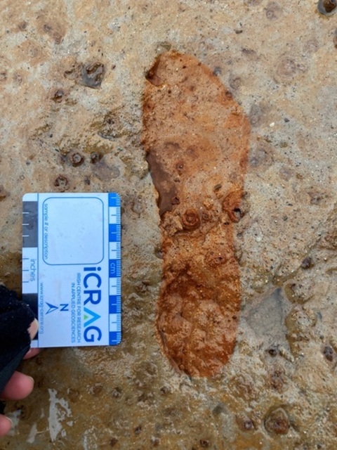 Im Mittelpunkt steht ein einzelner, länglicher Abdruck auf einer sandfarbenen Oberfläche. Der Abdruck hat die Form eines menschlichen Fußes und ist von rötlich-brauner Farbe. Links daneben hält eine Hand eine rechteckige Messkarte mit blauen und weißen Feldern sowie einem Schriftzug. Die Karte dient als Größenvergleich und zeigt eine Richtungspfeil nach Norden.