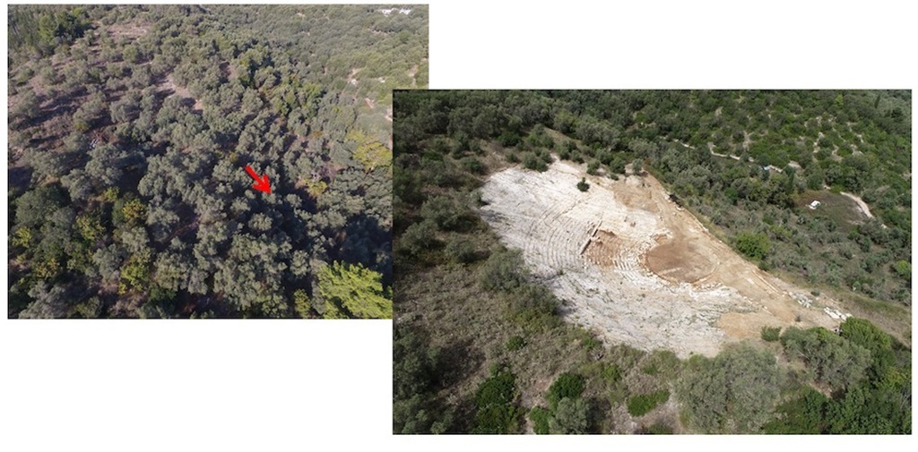 Links der Olivenhain vor Beginn der Ausgrabungen und rechts das gleiche Gebiet im Jahr 2023, wo heute das freigelegte Theater von Lefkada dominiert