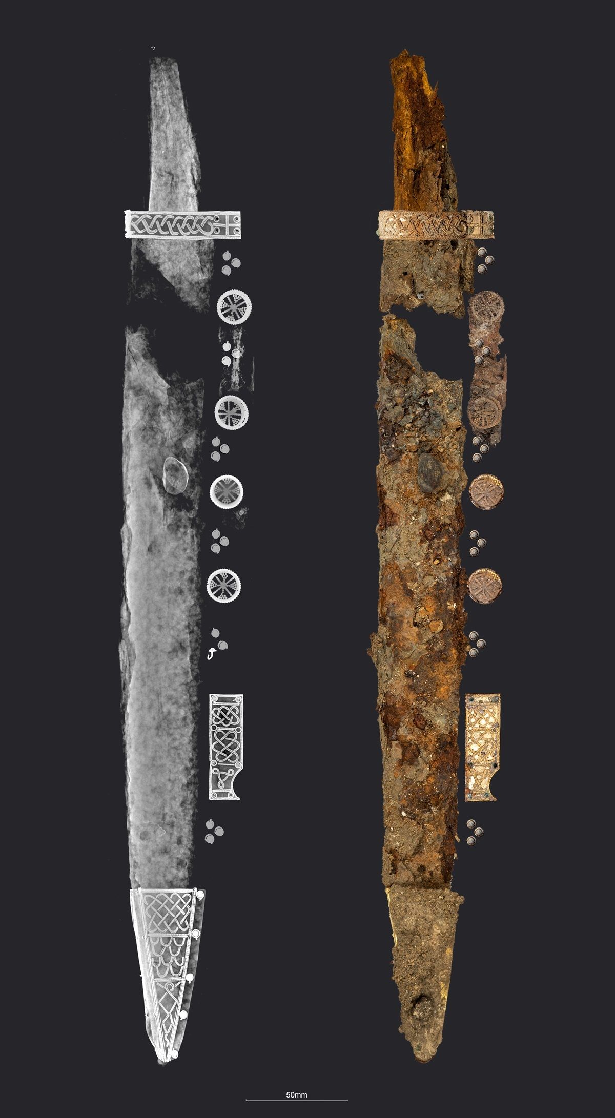 Durch Röntgenaufnahmen des Schwertes werden die Verzierungen sichtbar.