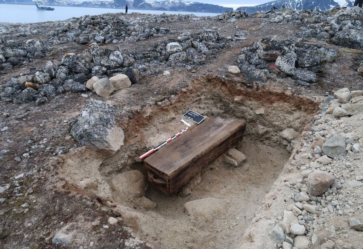 Grab eines Walfängers. Im Rahmen des Projekts „Skeletons in the Closet“ werden neue Untersuchungen an den Gräbern im Smeerenburgfjord durchgeführt und diese mit zuvor ausgegrabenen Gräbern aus dem gleichen Gebiet (2016/2019) verglichen. Das einzigartige Grabmaterial kann als Indikator dafür dienen, wie sich der Klimawandel auf die Erhaltungsbedingungen archäologischer Kulturumgebungen ausgewirkt hat.