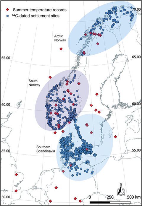 Die Studie beruht auf einer umfangreichen Sammlung von Daten aus Klima- und Umweltarchiven (rote Rauten) und Datierungen mittels der Radiokarbon-Methoden (14C-Daten) in Südskandinavien, Südnorwegen und dem arktischen Norwegen (blaue Punkte). Insgesamt flossen 1734 Siedlungsplätze mit 6268 14C-Daten in die Auswertung ein.