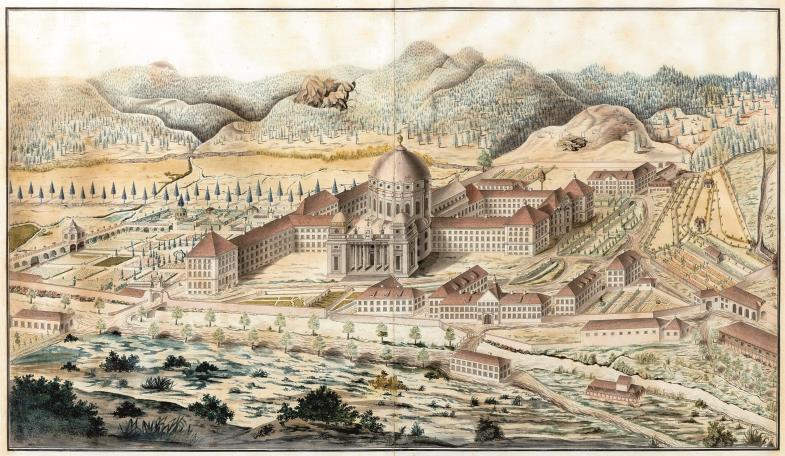 Ansicht der Abtei Sankt Blasien um 1790: Blick von Norden, Konventbau links, Abteiflügel rechts der Kirche, Zeichnung, Stift St. Paul im Lavanttal