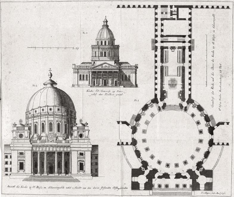 Ansicht und Grundriss der Kirche von St. Blasien, dazwischen Ansicht vom Panthéon in Paris, Stich von F.C. Krüger aus Nicolais Reisebericht
