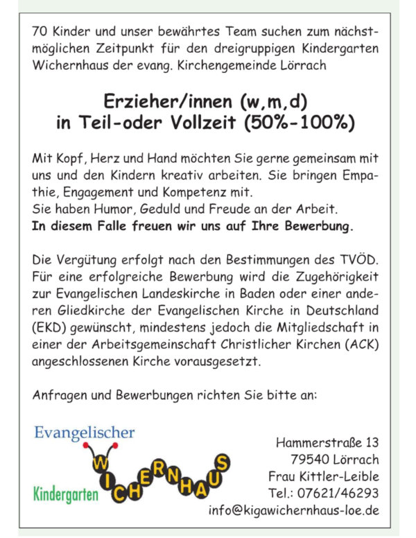 Erzieher/innen (m, w, d) in Teil- oder Vollzeit Evangelischer Kindergarten  Lörrach