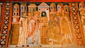 Fresko in der Silvester-Kapelle, Santi Quattro Coronati in Rom: Silvester zeigt dem kranken Kaiser die Porträts von Petrus und Paulus